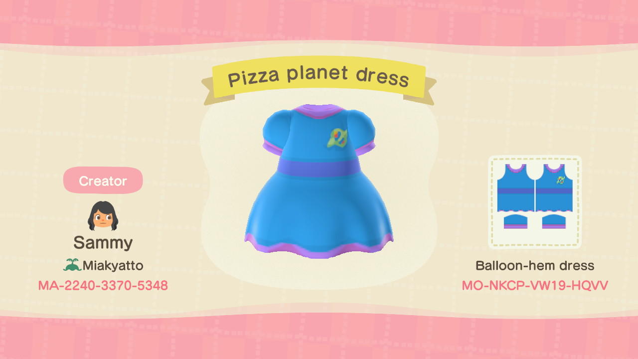 Animal Crossing Design Code: MO-NKCP-VW19-HQVV Pizza planet dress