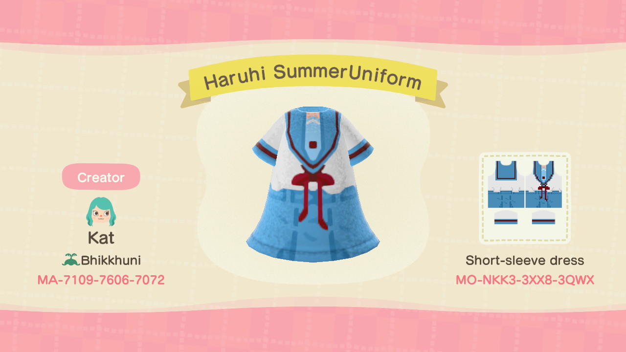 Animal Crossing Design Code: MO-NKK3-3XX8-3QWX Haruhi SummerUniform