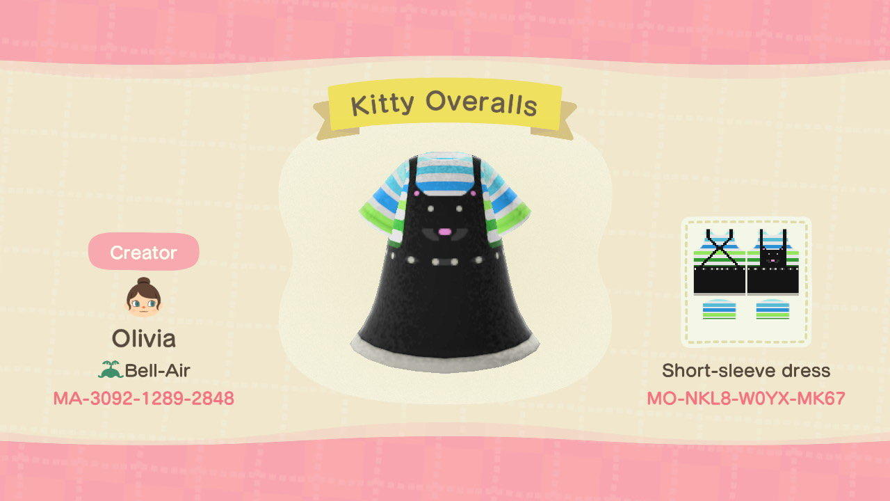 Animal Crossing Design Code: MO-NKL8-W0YX-MK67 Kitty Overalls
