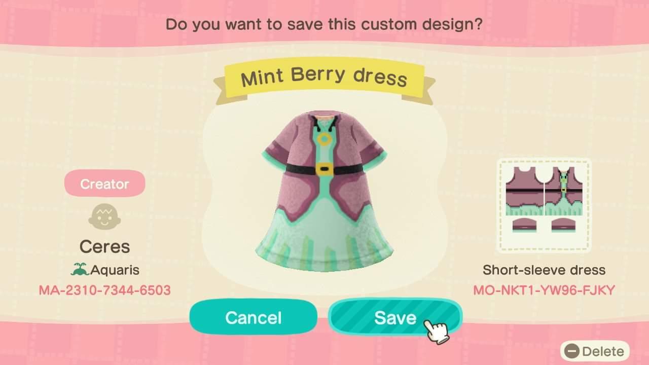 Animal Crossing Design Code: MO-NKT1-YW96-FJKY Mint Berry Dress