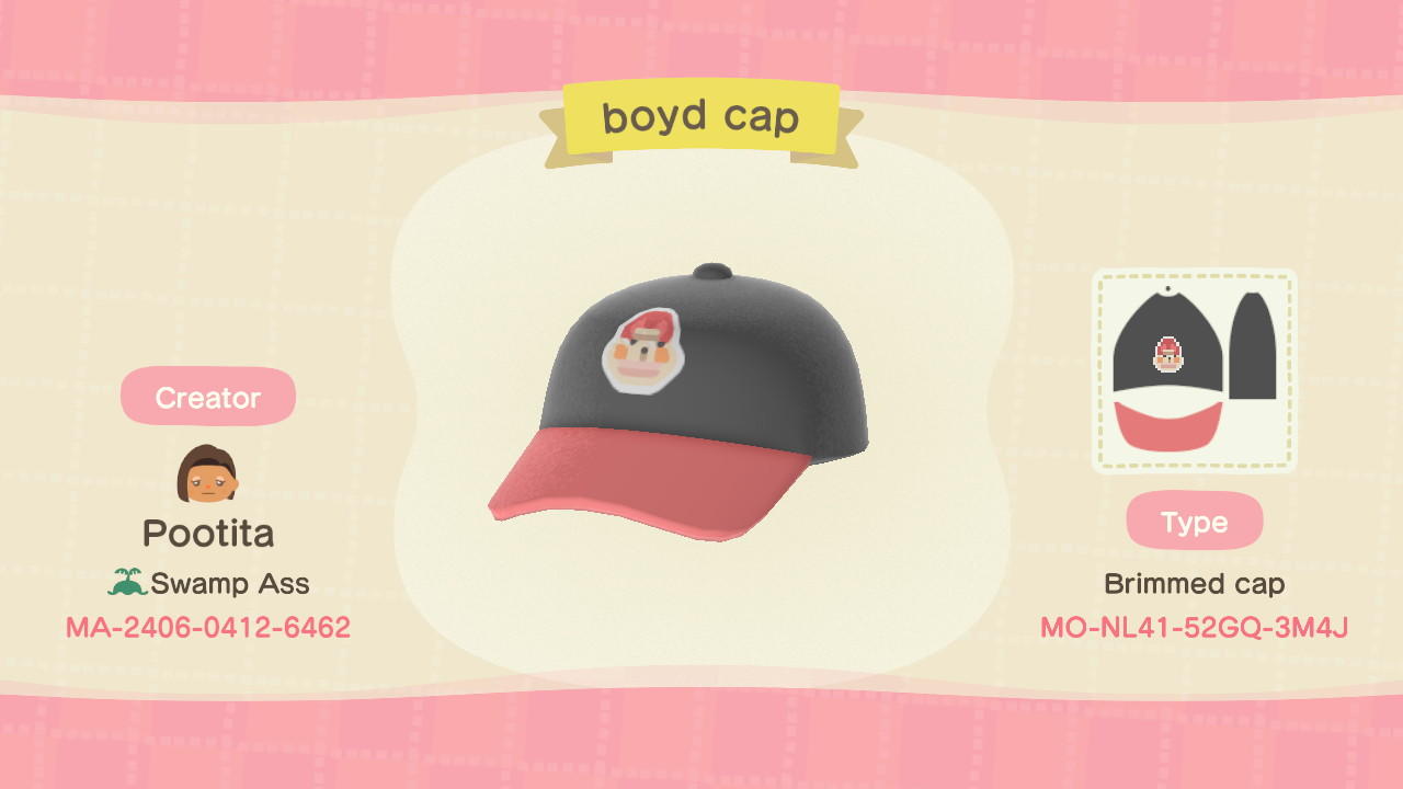 Animal Crossing Design Code: MO-NL41-52GQ-3M4J boyd cap