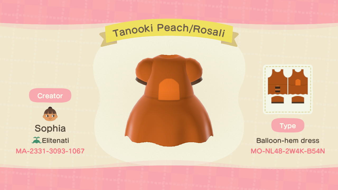 Animal Crossing Design Code: MO-NL48-2W4K-B54N Tanooki Peach/Rosali