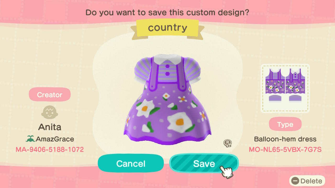 Animal Crossing Design Code: MO-NL65-5VBX-7G7S Country