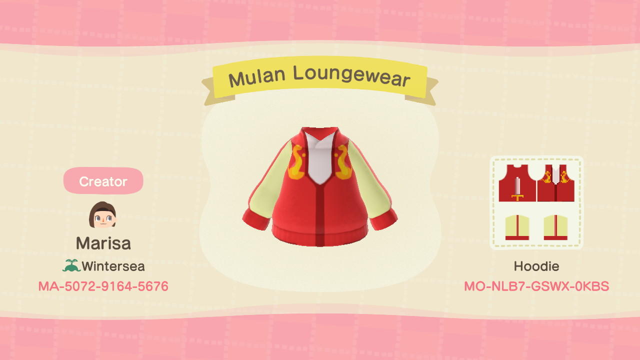 Animal Crossing Design Code: MO-NLB7-GSWX-0KBS Mulan Loungewear