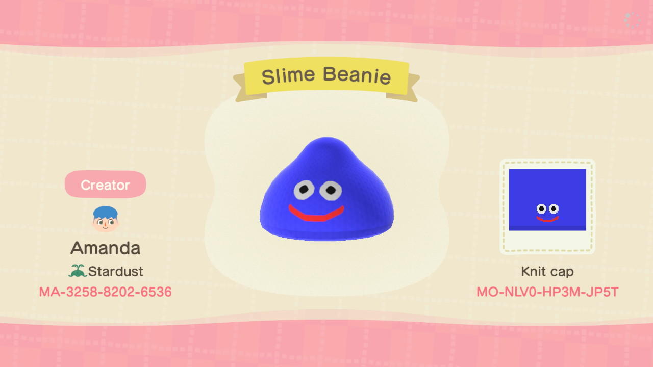 Animal Crossing Design Code: MO-NLV0-HP3M-JP5T Slime Beanie