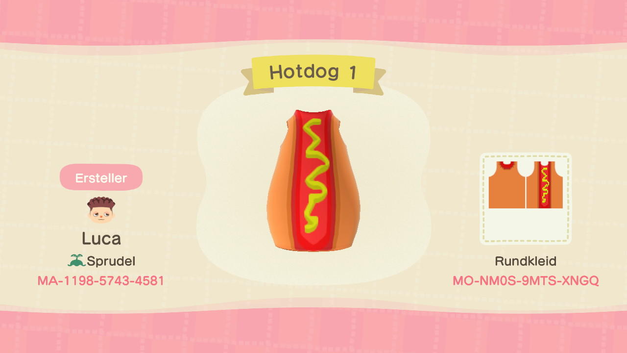 Animal Crossing Design Code: MO-NM0S-9MTS-XNGQ Hotdog 1