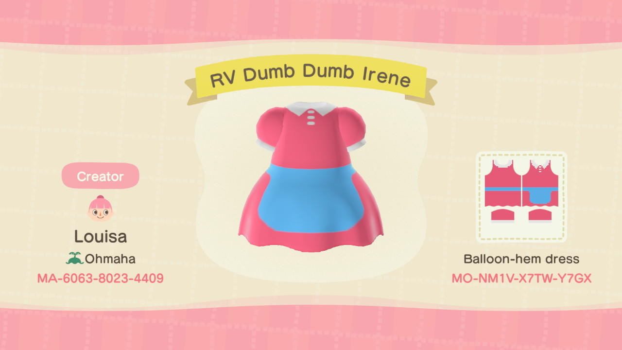 Animal Crossing Design Code: MO-NM1V-X7TW-Y7GX RV Dumb Dumb Irene