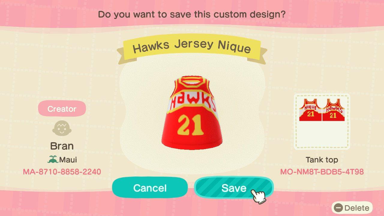 Animal Crossing Design Code: MO-NM8T-BDB5-4T98 Hawks Jersey Nique