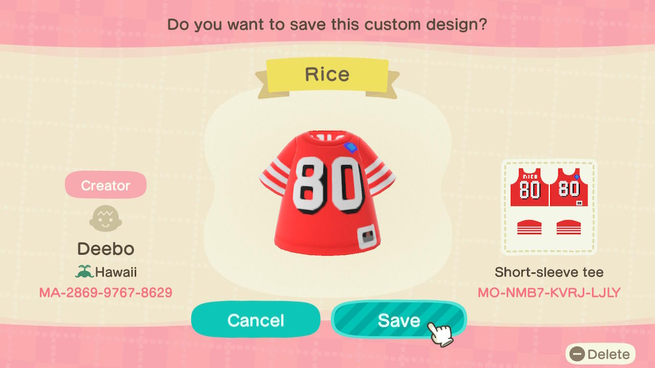 Animal Crossing Design Code: MO-NMB7-KVRJ-LJLY SF 49ers J. Rice