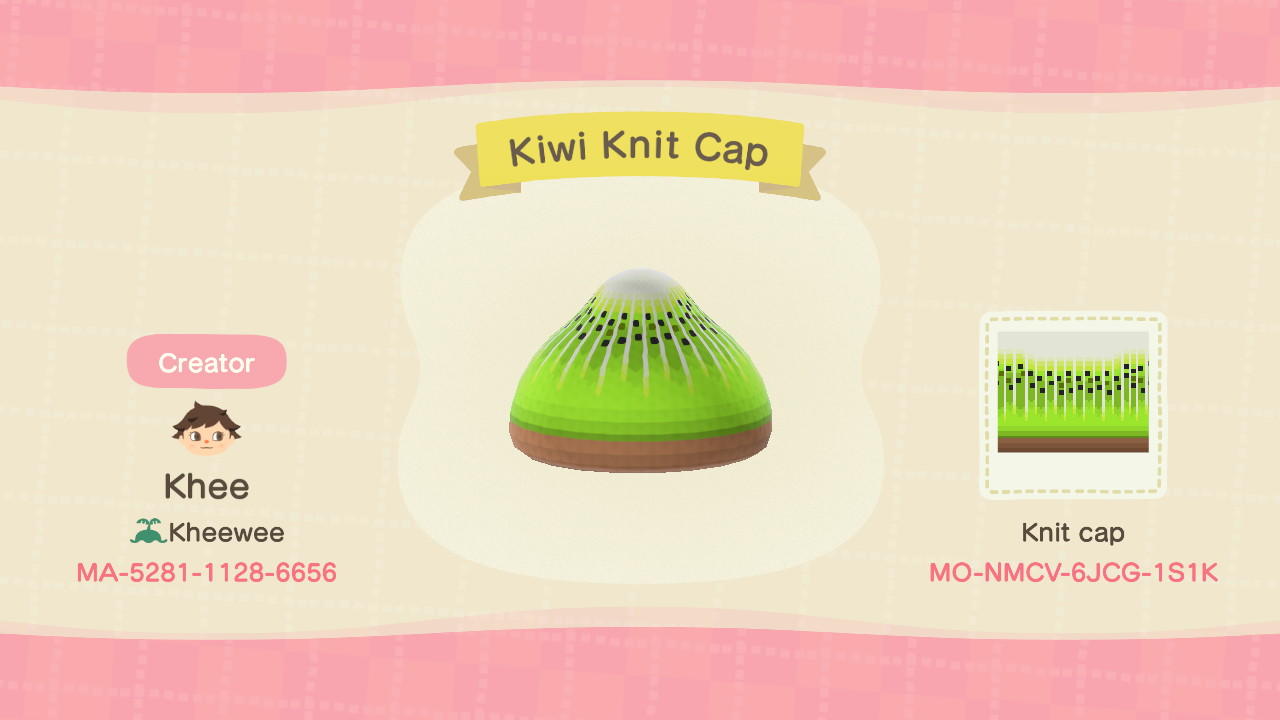 Animal Crossing Design Code: MO-NMCV-6JCG-1S1K Kiwi Knit Cap