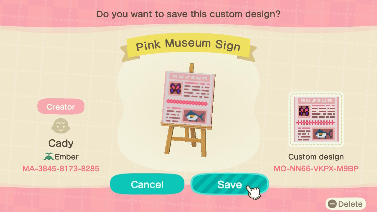 Animal Crossing Design Code: MO-NN66-VKPX-M9BP Pink Museum Sign
