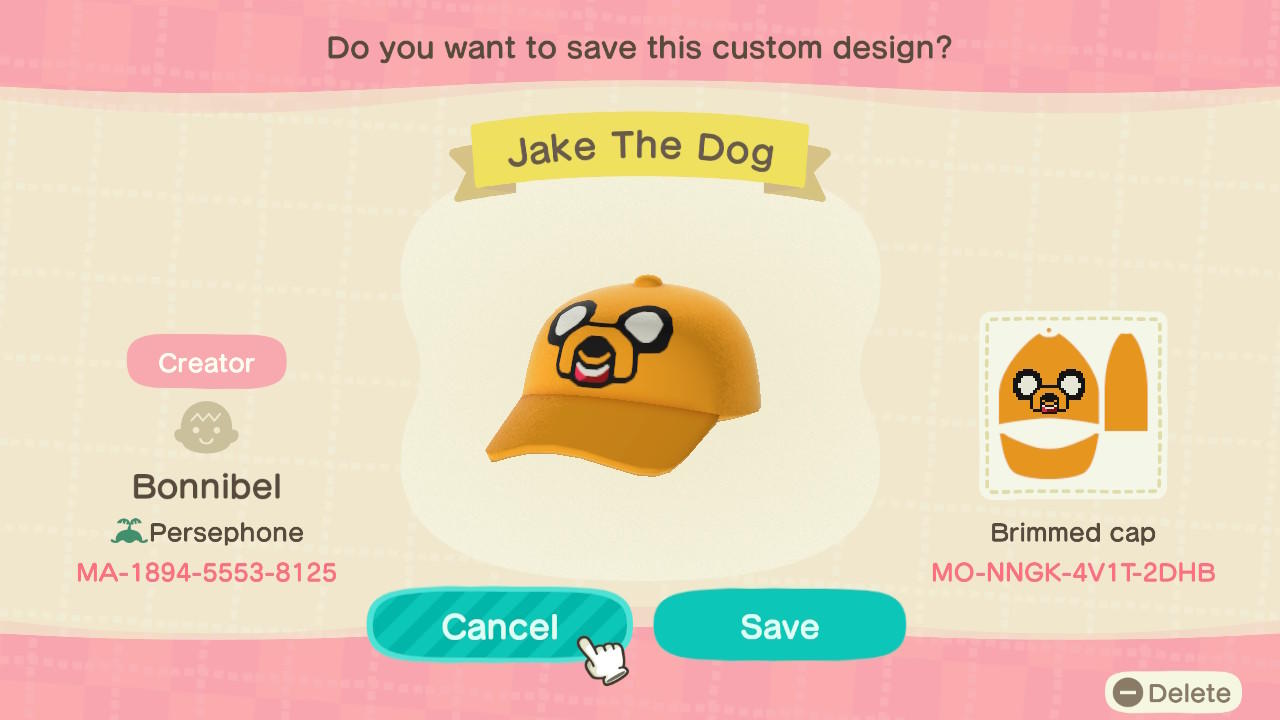 Animal Crossing Design Code: MO-NNGK-4V1T-2DHB Jake The Dog Hat