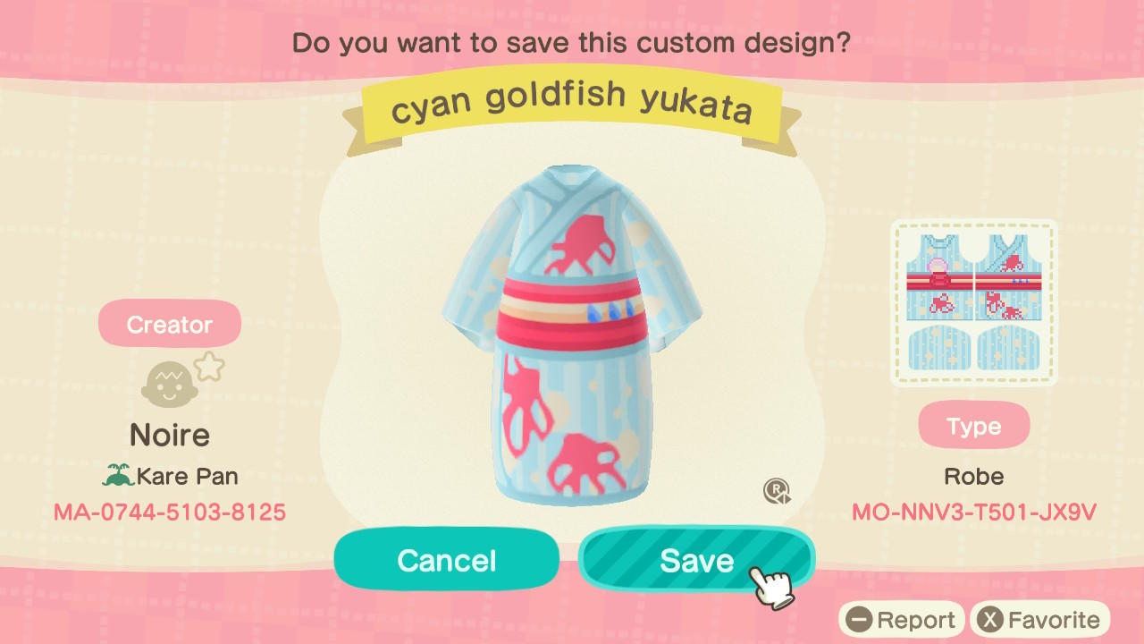 Animal Crossing Design Code: MO-NNV3-T501-JX9V cyan goldfish yukata