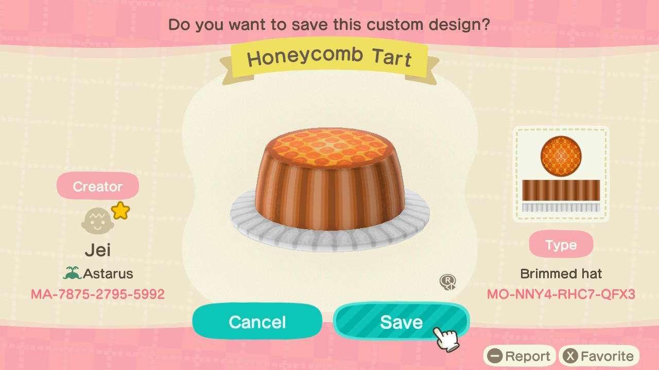 Animal Crossing Design Code: MO-NNY4-RHC7-QFX3 Honeycomb Tart