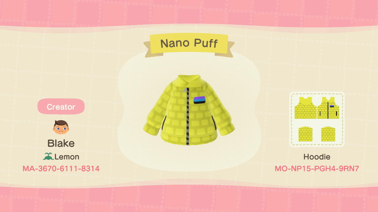 Animal Crossing Design Code: MO-NP15-PGH4-9RN7 Patagonia Nano Puff