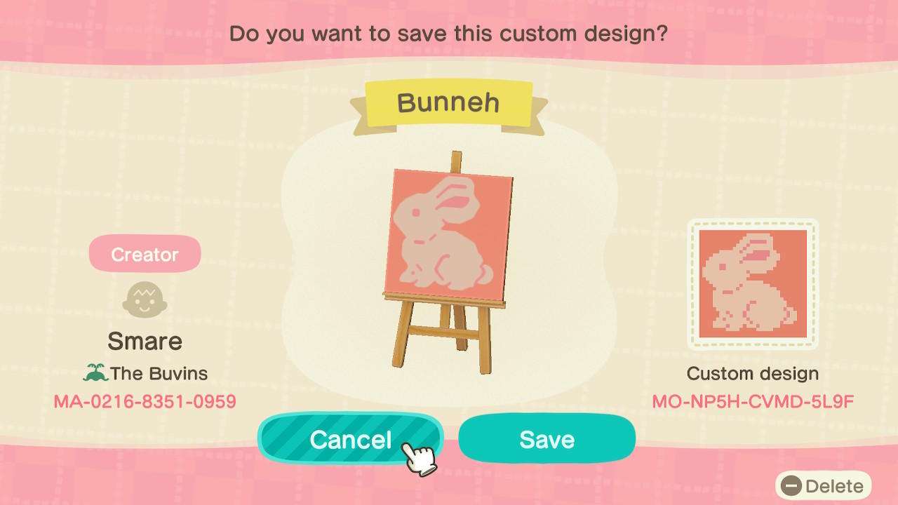 Animal Crossing Design Code: MO-NP5H-CVMD-5L9F Bunneh