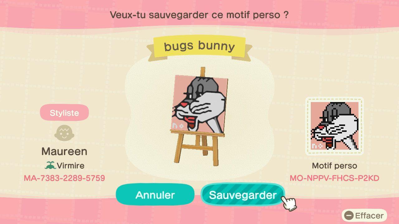 Animal Crossing Design Code: MO-NPPV-FHCS-P2KD Bugs Bunny