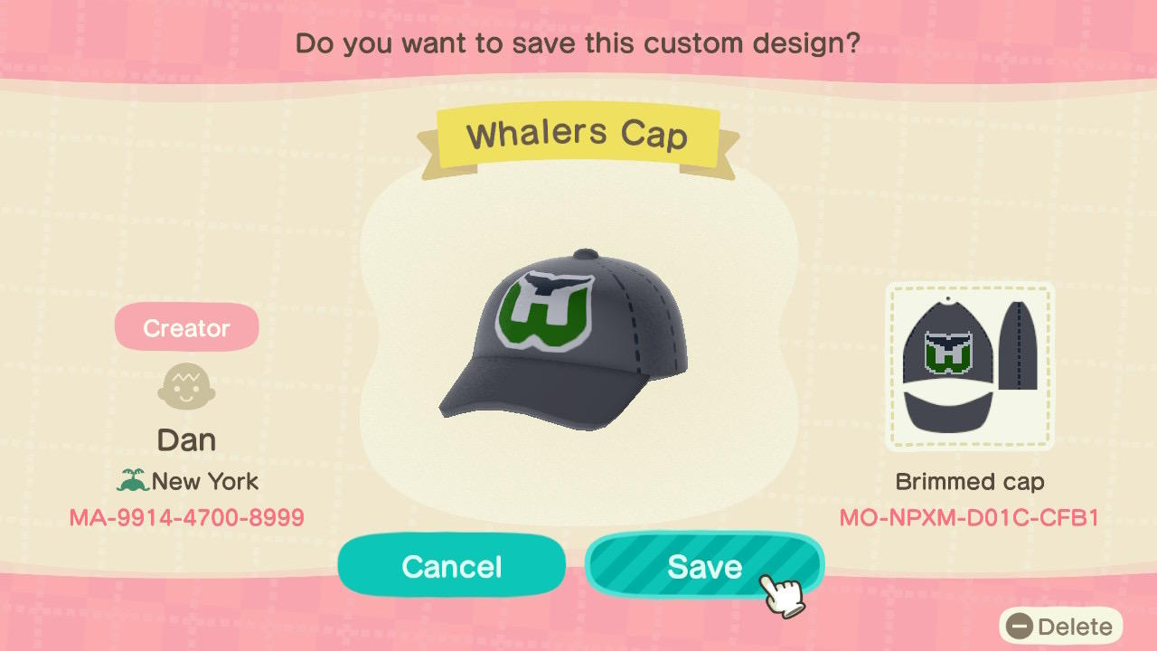 Animal Crossing Design Code: MO-NPXM-D01C-CFB1 Whalers Cap