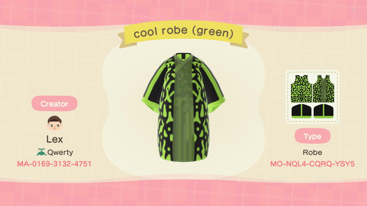 Animal Crossing Design Code: MO-NQL4-CQRQ-YSY5 Cool Robe Green