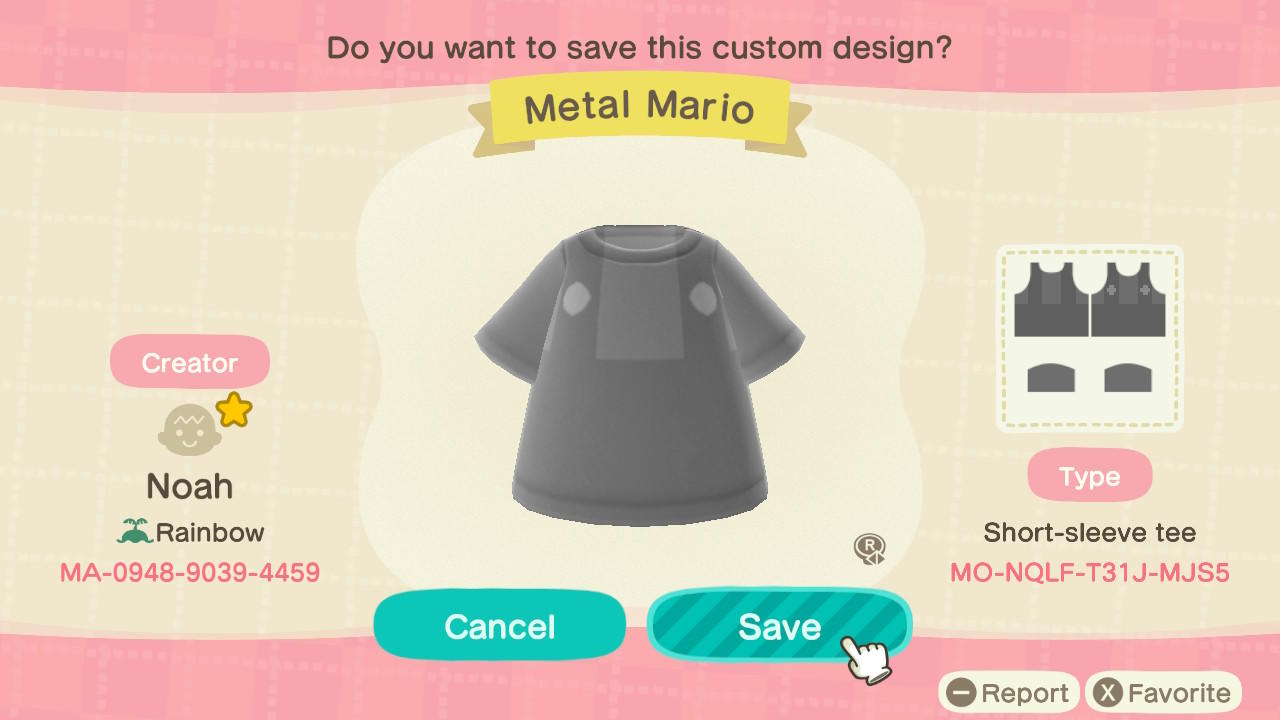 Animal Crossing Design Code: MO-NQLF-T31J-MJS5 Metal Mario