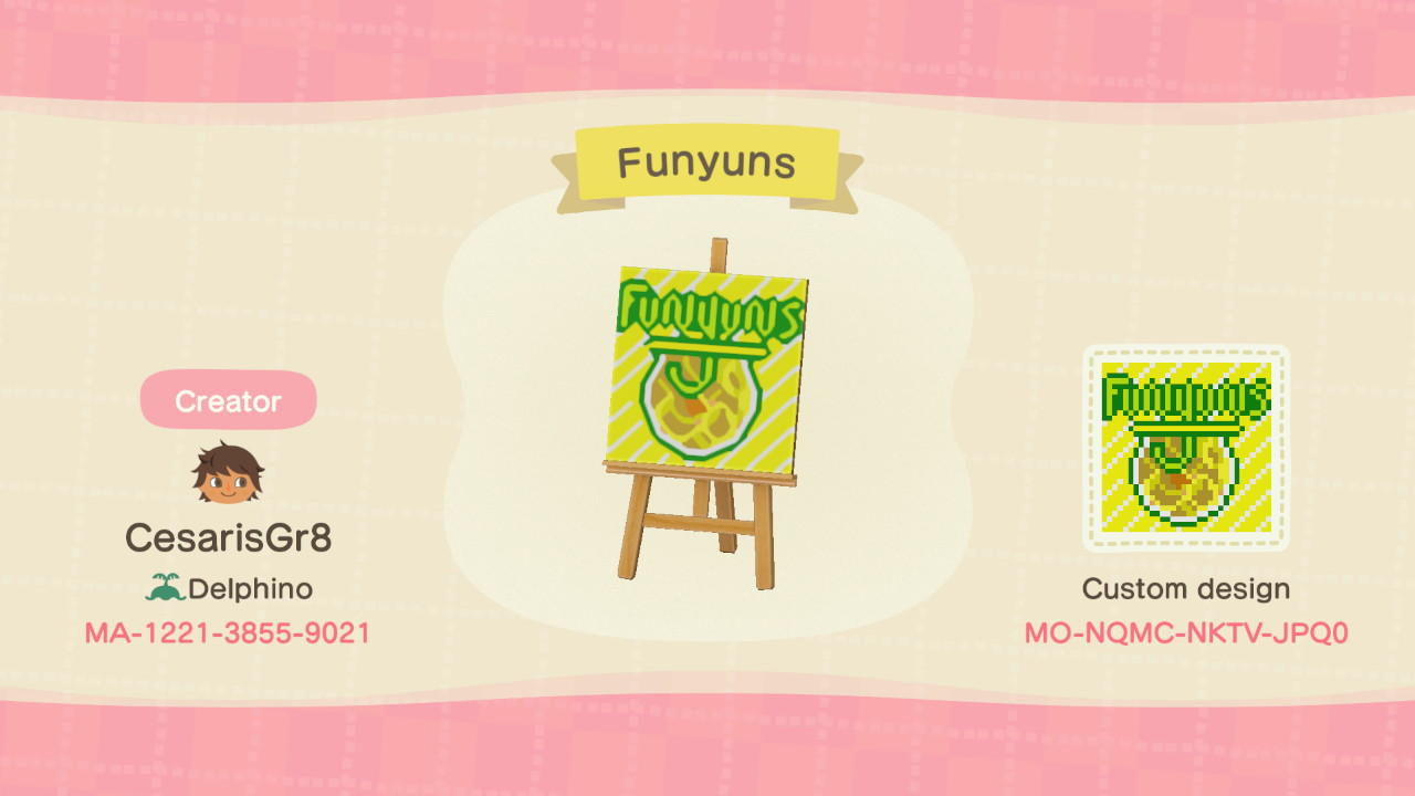 Animal Crossing Design Code: MO-NQMC-NKTV-JPQ0 Funyuns
