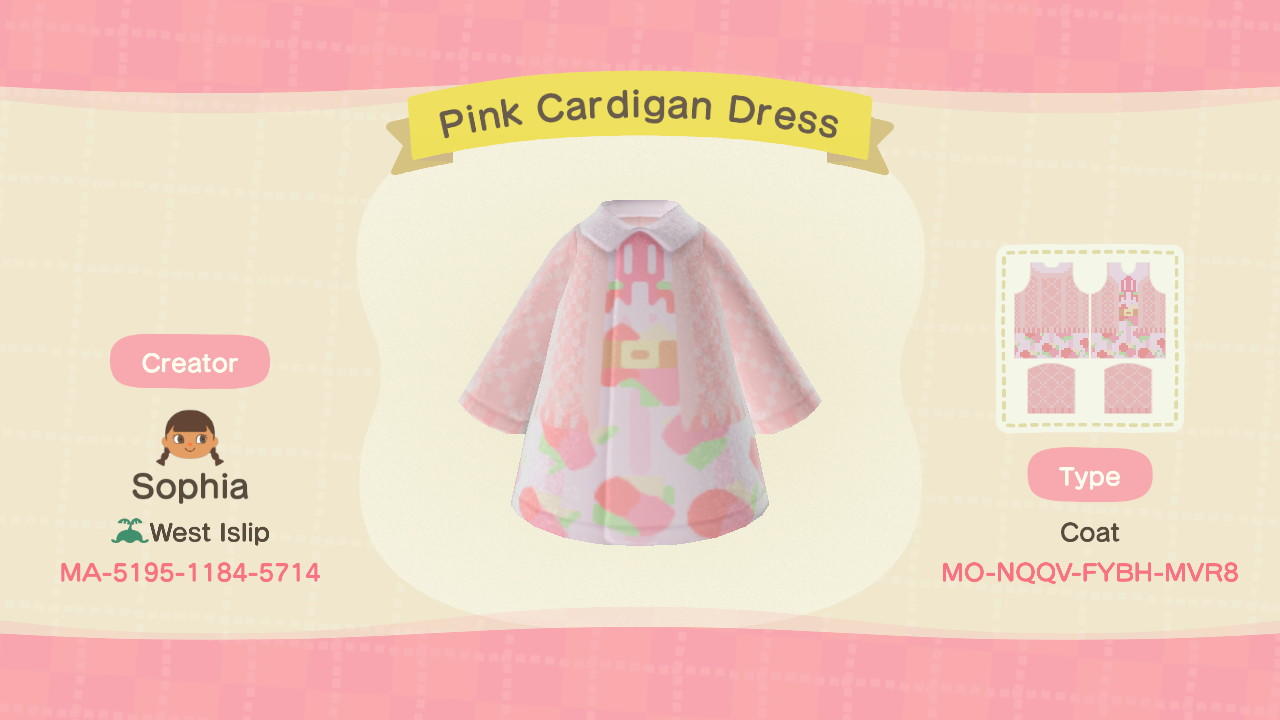 Animal Crossing Design Code: MO-NQQV-FYBH-MVR8 Pink Cardigan Dress