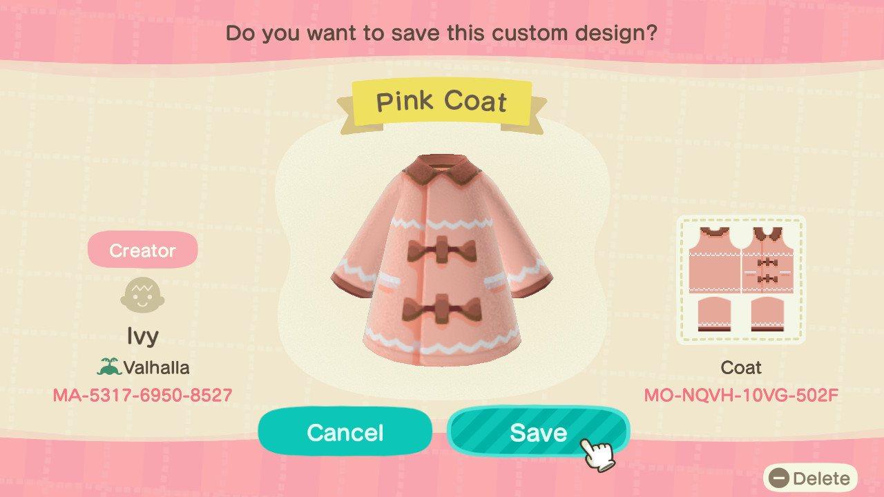 Animal Crossing Design Code: MO-NQVH-10VG-502F Pink Coat