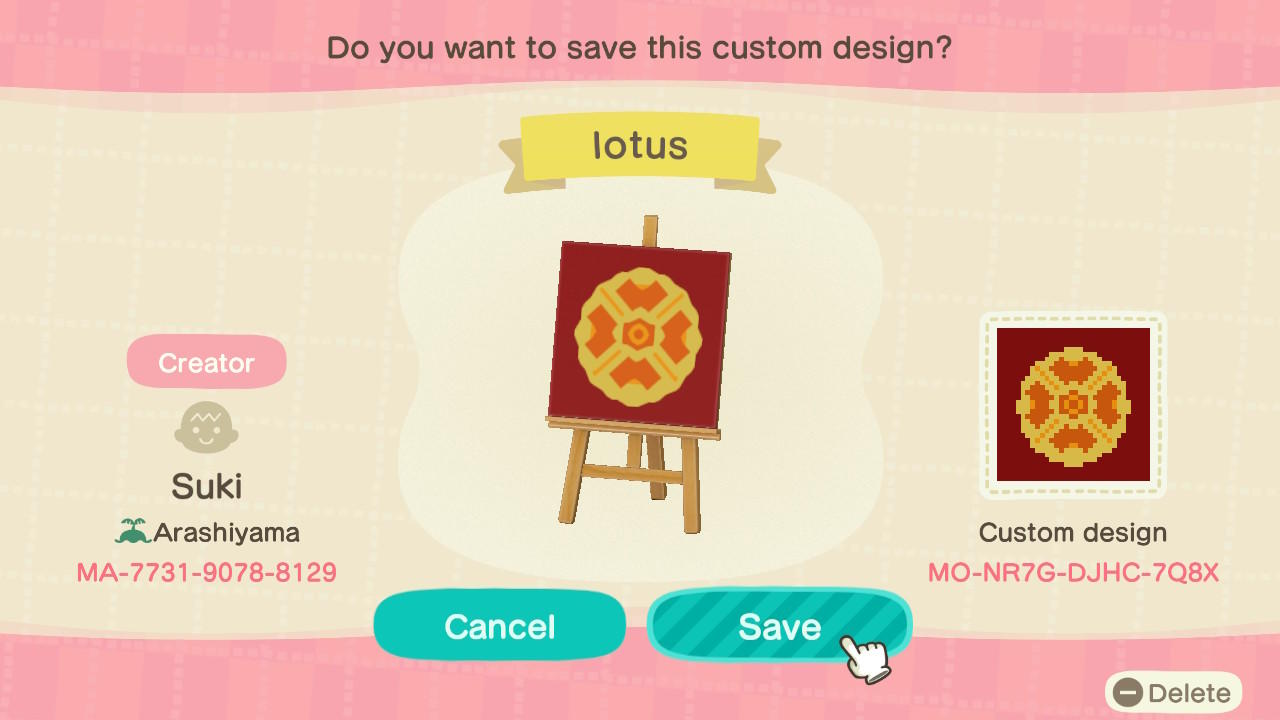 Animal Crossing Design Code: MO-NR7G-DJHC-7Q8X Red Golden Lotus