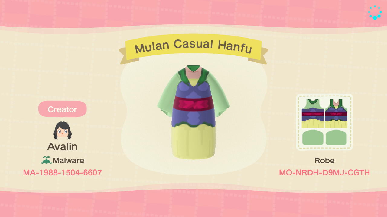 Animal Crossing Design Code: MO-NRDH-D9MJ-CGTH Mulan Casual Hanfu