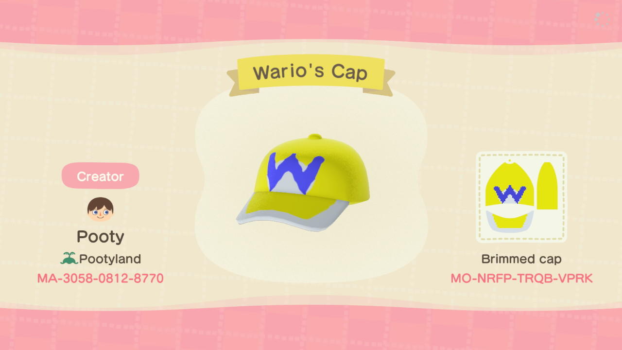 Animal Crossing Design Code: MO-NRFP-TRQB-VPRK Wario&#39;s Cap