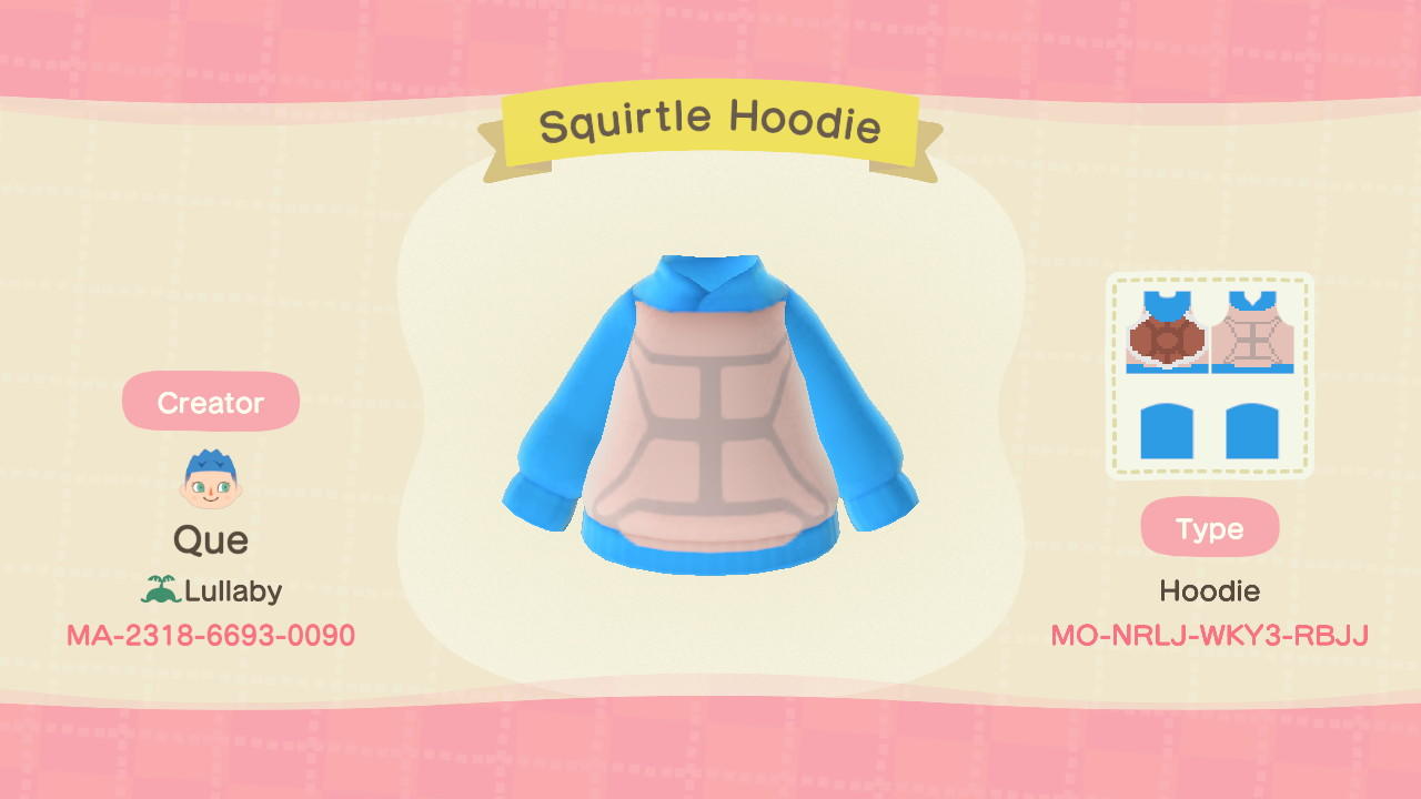 Animal Crossing Design Code: MO-NRLJ-WKY3-RBJJ Squirtle Hoodie