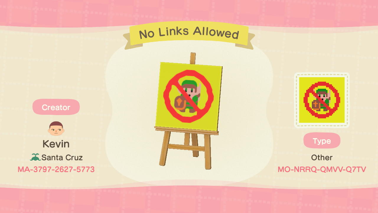 Animal Crossing Design Code: MO-NRRQ-QMVV-Q7TV Zelda: A-L Security