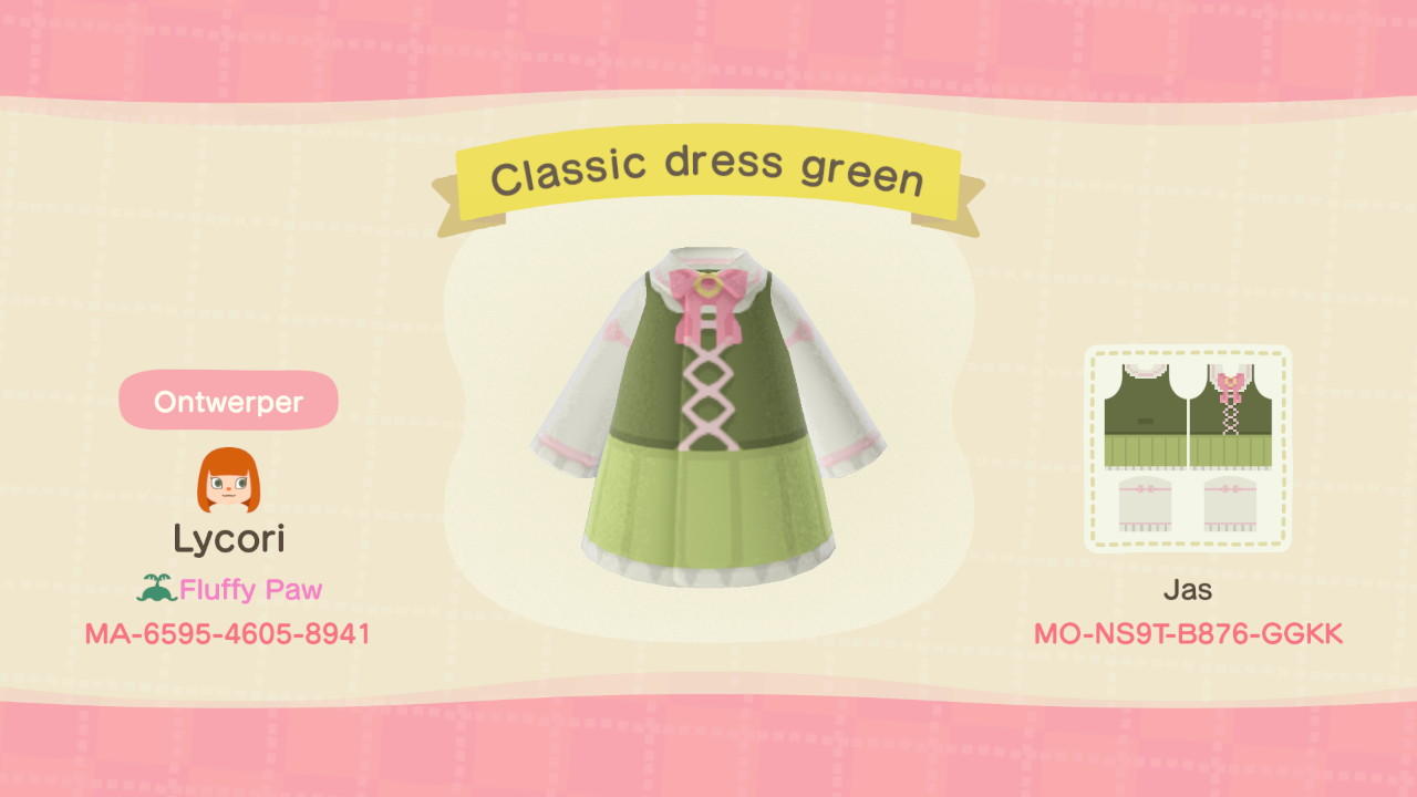 Animal Crossing Design Code: MO-NS9T-B876-GGKK Classic dress green