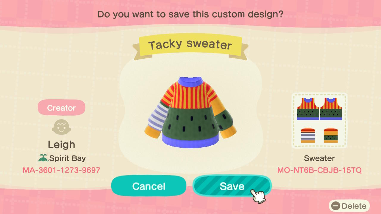 Animal Crossing Design Code: MO-NT6B-CBJB-15TQ Tacky Sweater