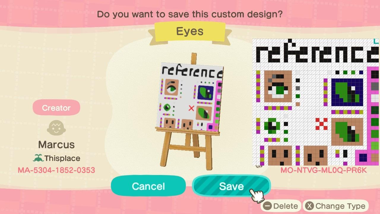 Animal Crossing Design Code: MO-NTVG-ML0Q-PR6K Eyes Reference Image