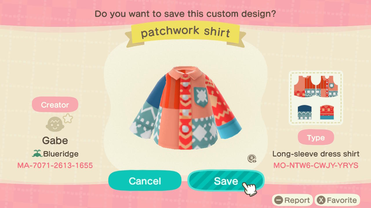 Animal Crossing Design Code: MO-NTW6-CWJY-YRYS Patchwork Shirt