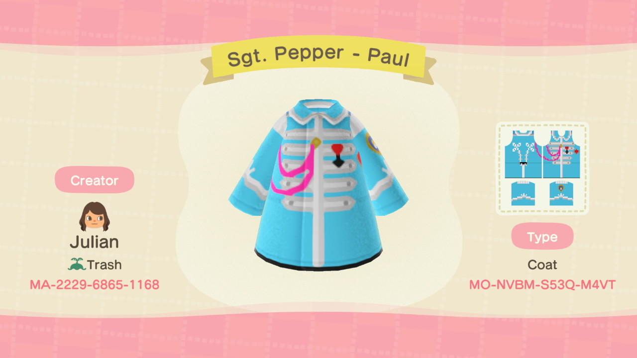 Animal Crossing Design Code: MO-NVBM-S53Q-M4VT Sgt. Pepper - Paul