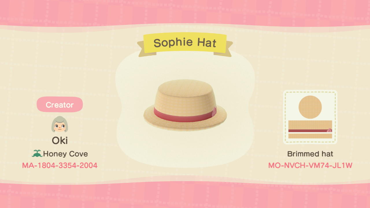 Animal Crossing Design Code: MO-NVCH-VM74-JL1W Sophie Hat