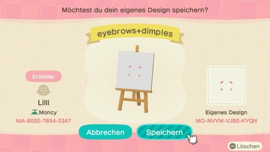 Animal Crossing Design Code: MO-NVYM-VJB0-KYQN eyebrows+dimples