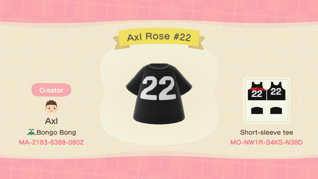Animal Crossing Design Code: MO-NW1R-S4KS-N38D Axl Rose #22