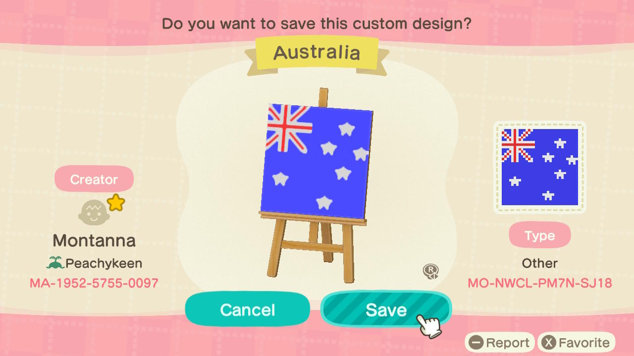 Animal Crossing Design Code: MO-NWCL-PM7N-SJ18 Australia