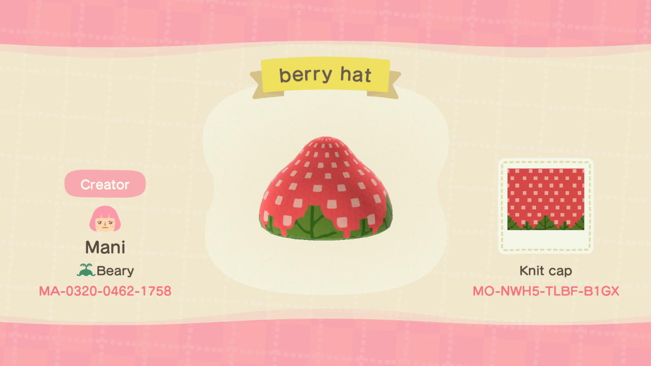 Animal Crossing Design Code: MO-NWH5-TLBF-B1GX Strawberry Hat
