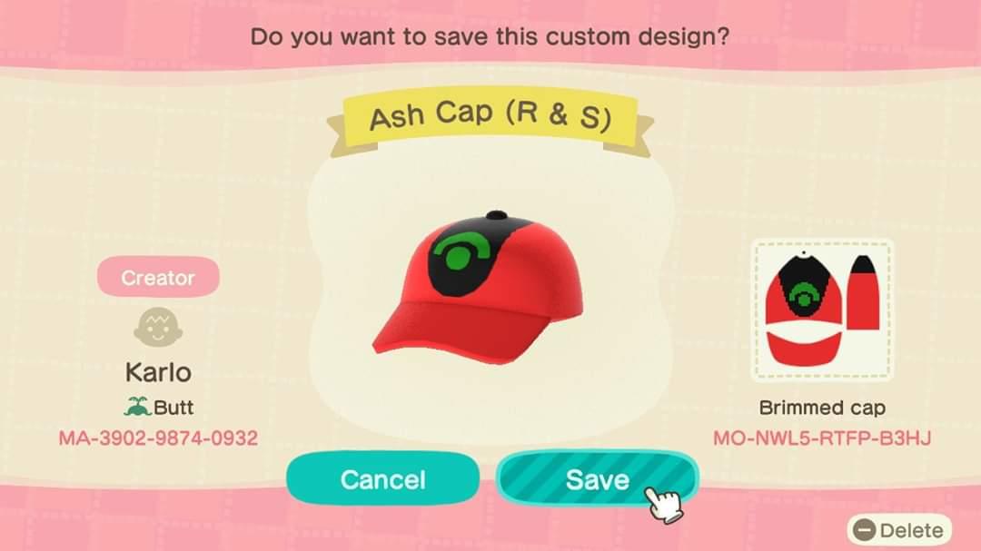 Animal Crossing Design Code: MO-NWL5-RTFP-B3HJ Ash Cap (R & S)