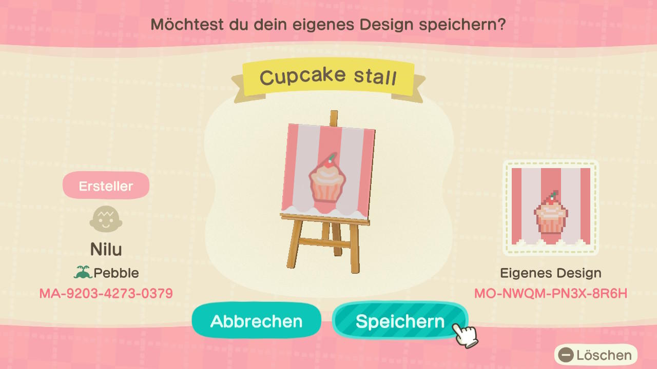 Animal Crossing Design Code: MO-NWQM-PN3X-BR6H Cupcake stall