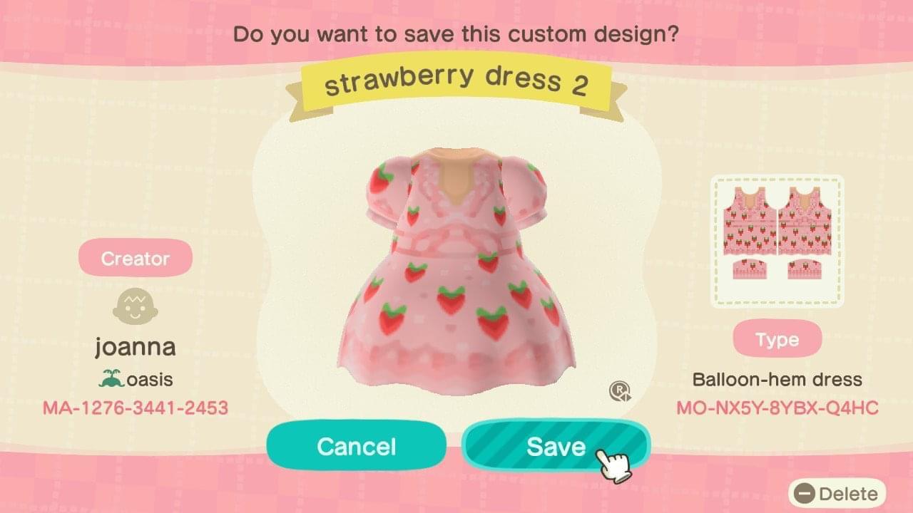 Animal Crossing Design Code: MO-NX5Y-8YBX-Q4HC strawberry dress