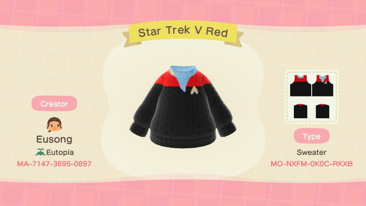 Animal Crossing Design Code: MO-NXFM-0K0C-RKXB Star Trek V Red
