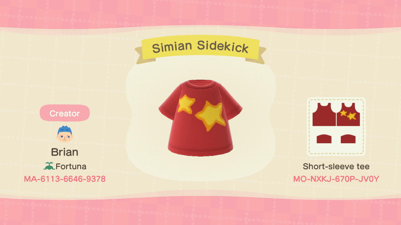 Animal Crossing Design Code: MO-NXKJ-670P-JV0Y Simian Sidekick