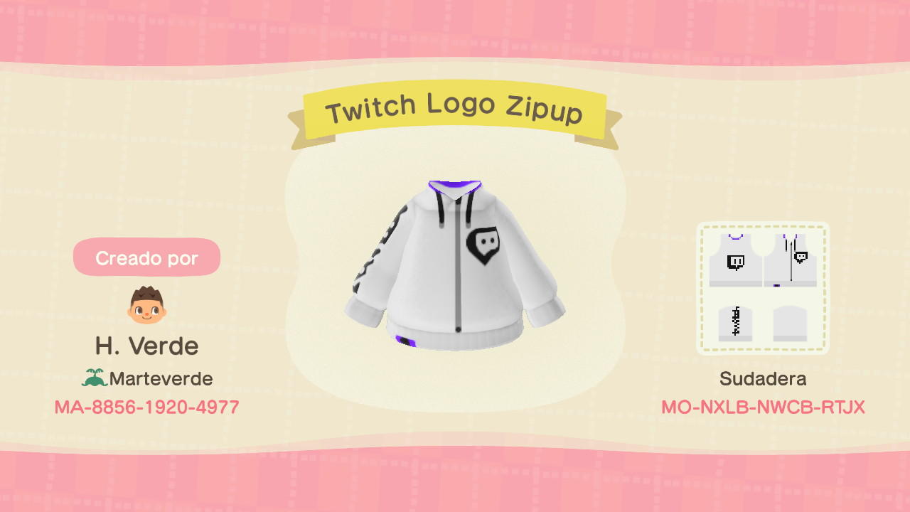 Animal Crossing Design Code: MO-NXLB-NWCB-RTJX Twitch Logo Zipup