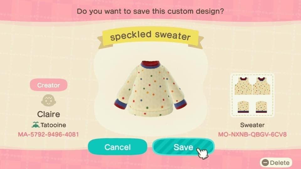 Animal Crossing Design Code: MO-NXNB-QBGV-6CV8 speckled sweater