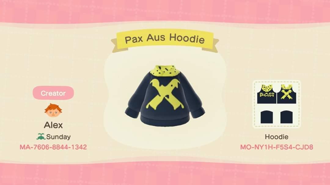 Animal Crossing Design Code: MO-NY1H-F5S4-CJD8 PaxAus Hoodie 2019